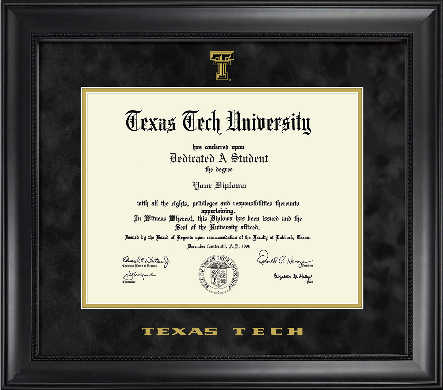 Texas Tech University Diploma Frame - Officially Licensed - Modern Matte Black Wood with Bead Frame - Black Suede Mat with Gold Accent Mat