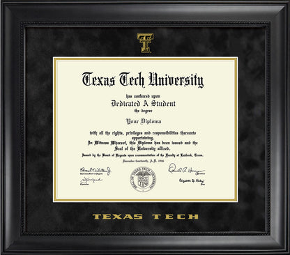 Texas Tech University Diploma Frame - Officially Licensed - Modern Matte Black Wood with Bead Frame - Black Suede Mat with Gold Accent Mat
