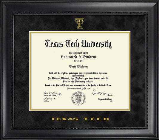 Texas Tech University Diploma Frame - Officially Licensed - Modern Matte Black Wood with Bead Frame - Black Suede Mat with Gold Accent Mat