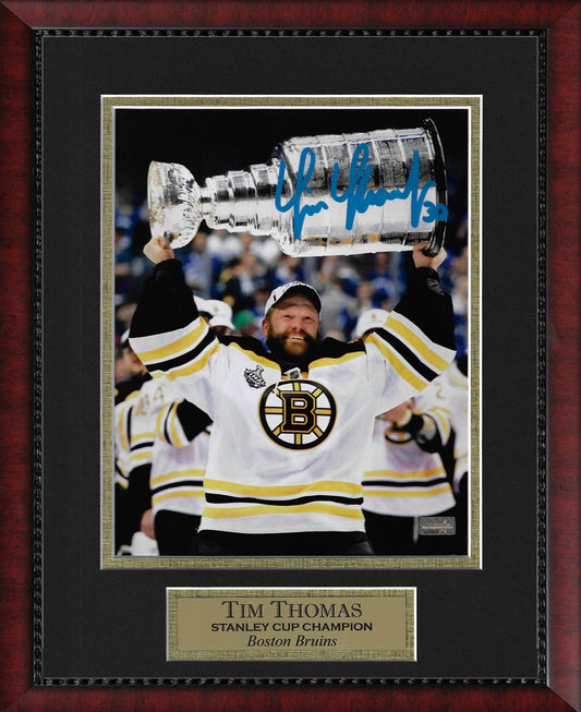 Tim Thomas Autograph Photo Holding Stanley Cup 11x14