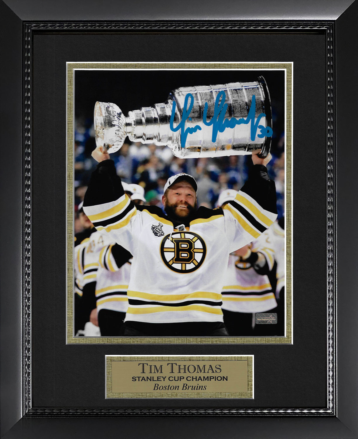 Tim Thomas Autograph Photo Holding Stanley Cup 11x14