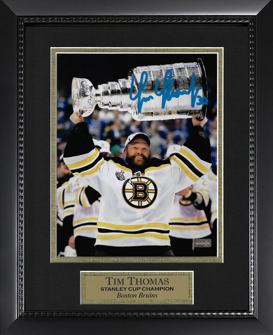 Tim Thomas Autograph Photo Holding Stanley Cup 11x14