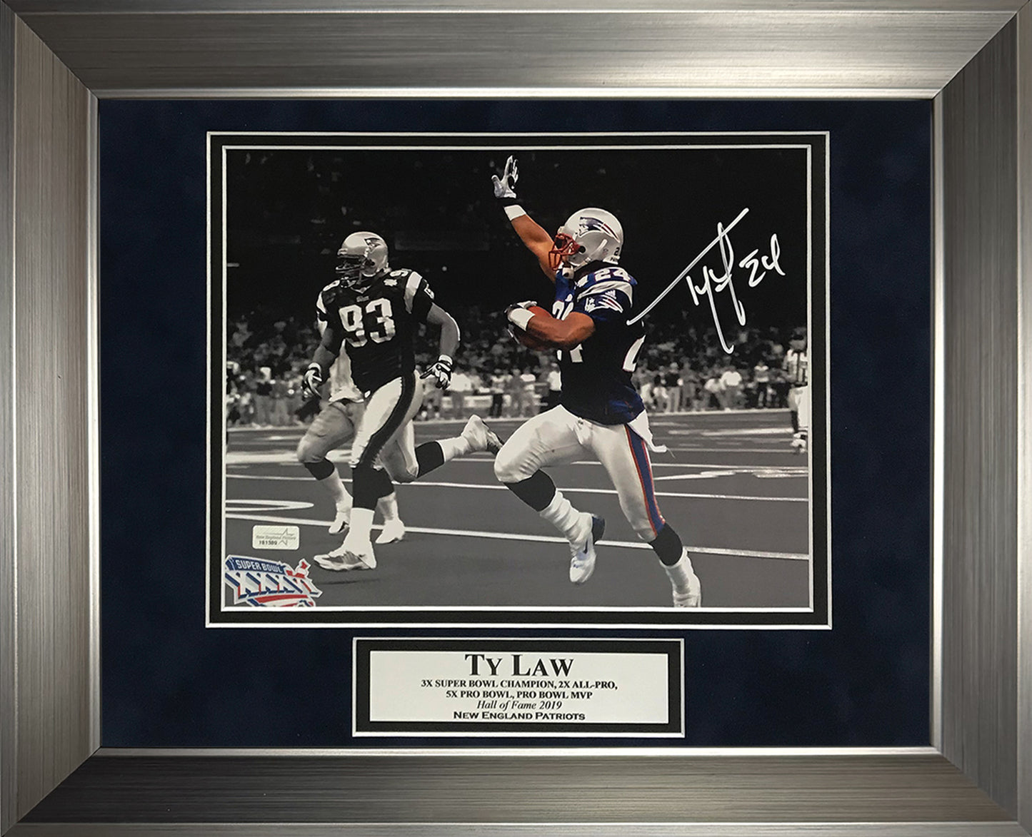 Ty Law Autograph Photo Super Bowl XXXVI Interception Spotlight 11x14