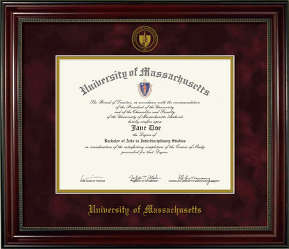 UMass Amherst Diploma Frame - Officially Licensed. - Cherry Finish Wood with Bead Frame, Maroon Suede and Gold Mats, Silver Embossed School Seal and Olde English Lettering