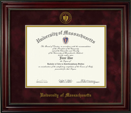 UMass Amherst Diploma Frame - Officially Licensed. - Cherry Finish Wood with Bead Frame, Maroon Suede and Gold Mats, Silver Embossed School Seal and Olde English Lettering