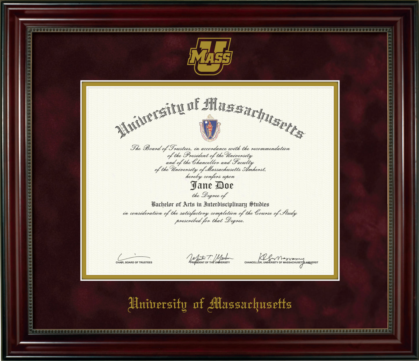 UMass Amherst Diploma Frame - Officially Licensed - Cherry Finish Wood with Bead Frame - UMass Power U Athletic Logo