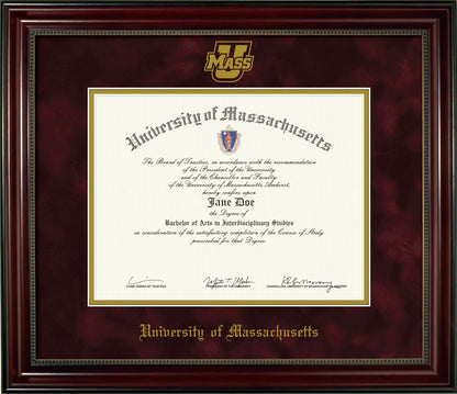 UMass Amherst Diploma Frame - Officially Licensed - Cherry Finish Wood with Bead Frame - UMass Power U Athletic Logo