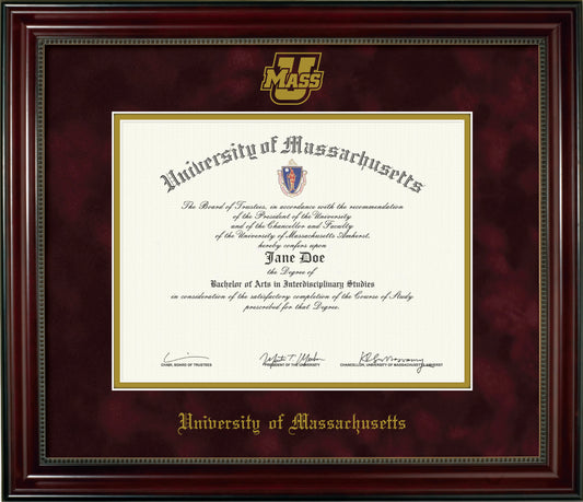 UMass Amherst Diploma Frame - Officially Licensed - Cherry Finish Wood with Bead Frame - UMass Power U Athletic Logo