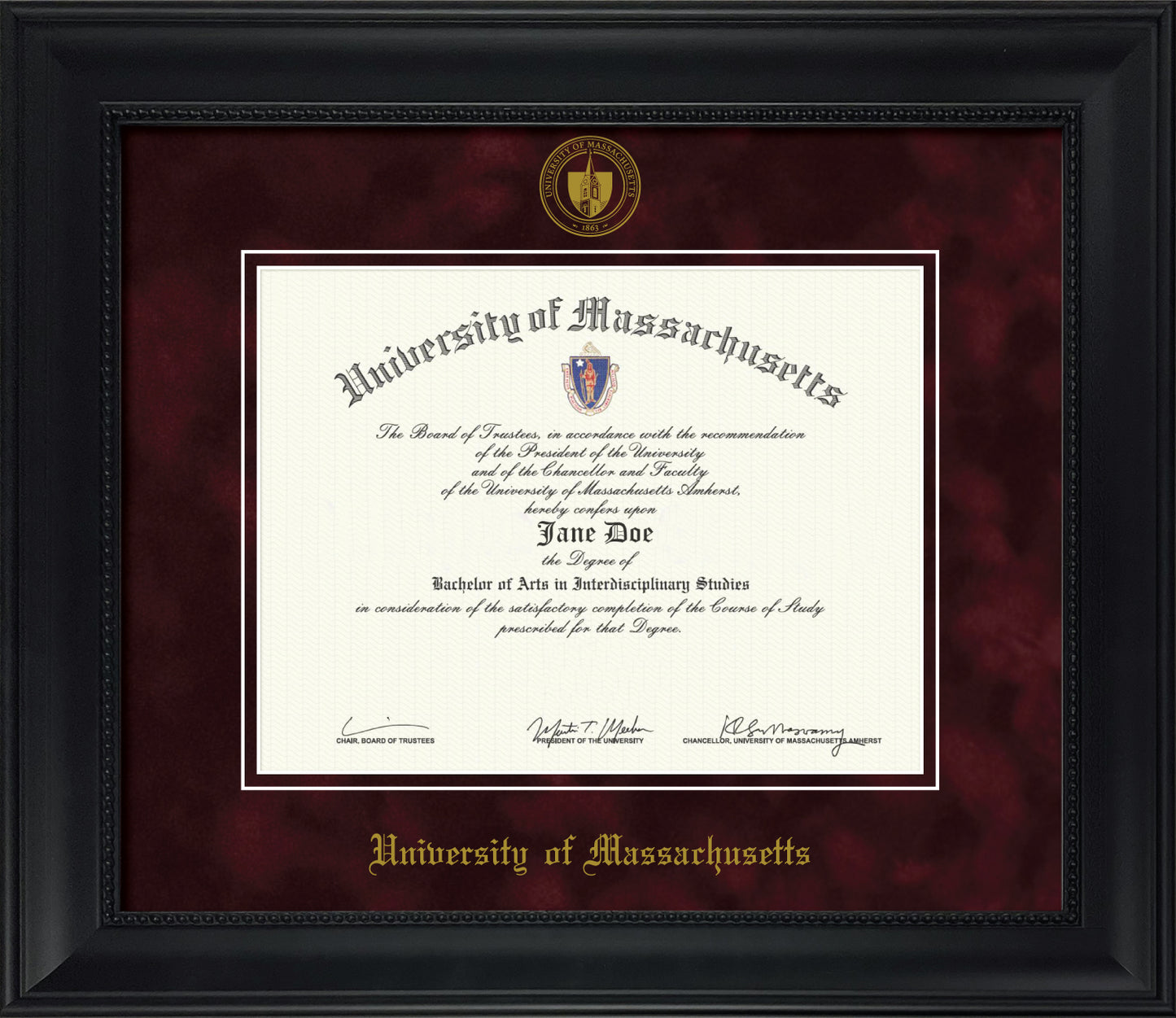 UMass Amherst Diploma Frame – Officially Licensed - Modern Matte Black Wood with Bead Frame, Maroon Suede Mat, Gold Embossed School Seal and Olde English Lettering