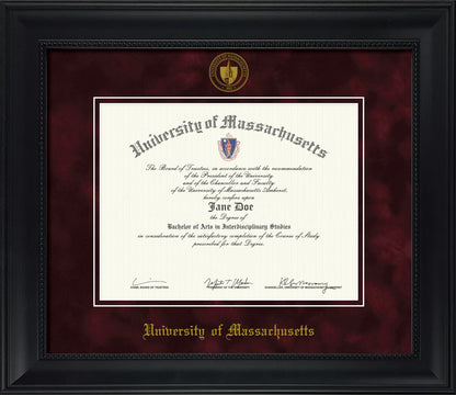 UMass Amherst Diploma Frame – Officially Licensed - Modern Matte Black Wood with Bead Frame, Maroon Suede Mat, Gold Embossed School Seal and Olde English Lettering