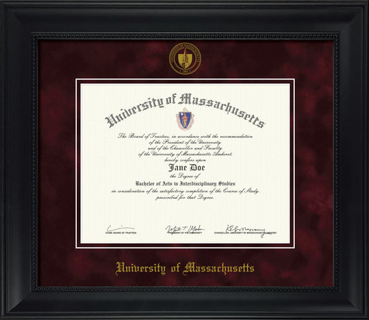 UMass Amherst Diploma Frame – Officially Licensed - Modern Matte Black Wood with Bead Frame, Maroon Suede Mat, Gold Embossed School Seal and Olde English Lettering
