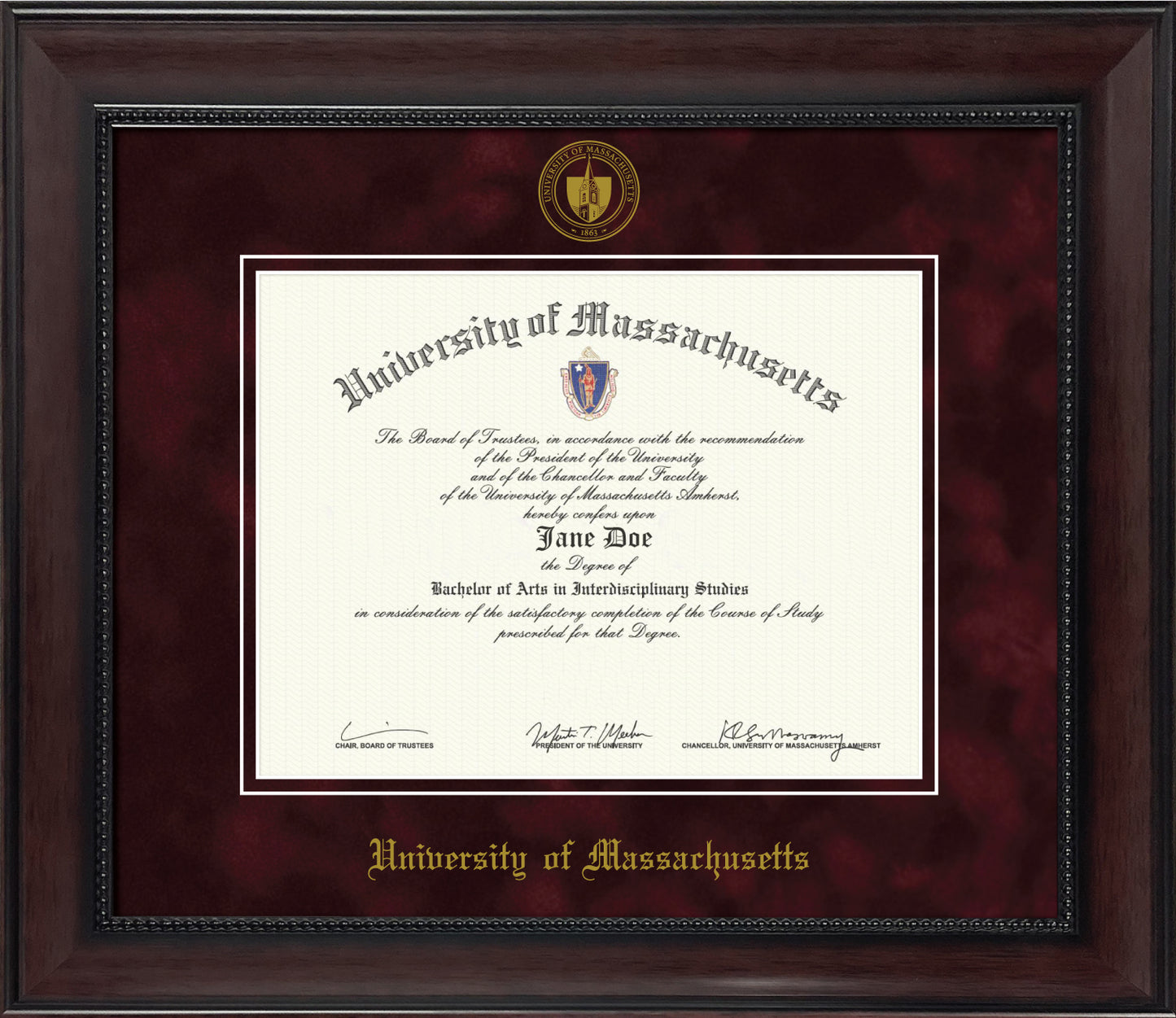 UMass Amherst Diploma Frame – Officially Licensed - Traditional Mahogany Wood Satin Finish with Bead Mat, Maroon Suede Mat, Gold Embossed School Seal and Olde English Lettering