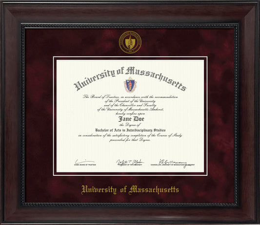 UMass Amherst Diploma Frame – Officially Licensed - Traditional Mahogany Wood Satin Finish with Bead Mat, Maroon Suede Mat, Gold Embossed School Seal and Olde English Lettering