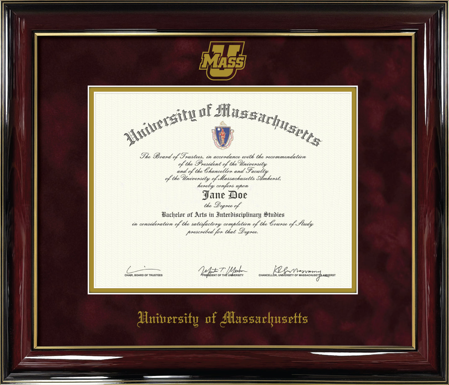 UMass Amherst Diploma Frame - Officially Licensed - Glossy Mahogany Wood Frame - UMass Power U Athletic Logo