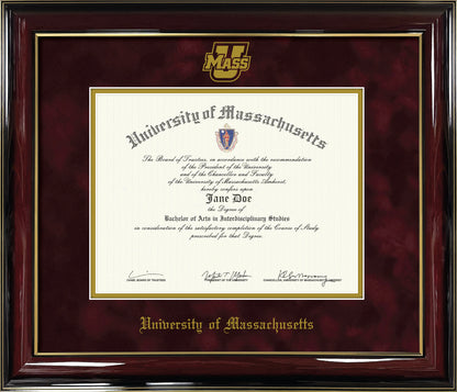 UMass Amherst Diploma Frame - Officially Licensed - Glossy Mahogany Wood Frame - UMass Power U Athletic Logo
