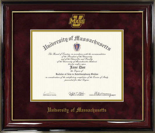 UMass Amherst Diploma Frame - Officially Licensed - Glossy Mahogany Wood Frame - UMass Power U Athletic Logo
