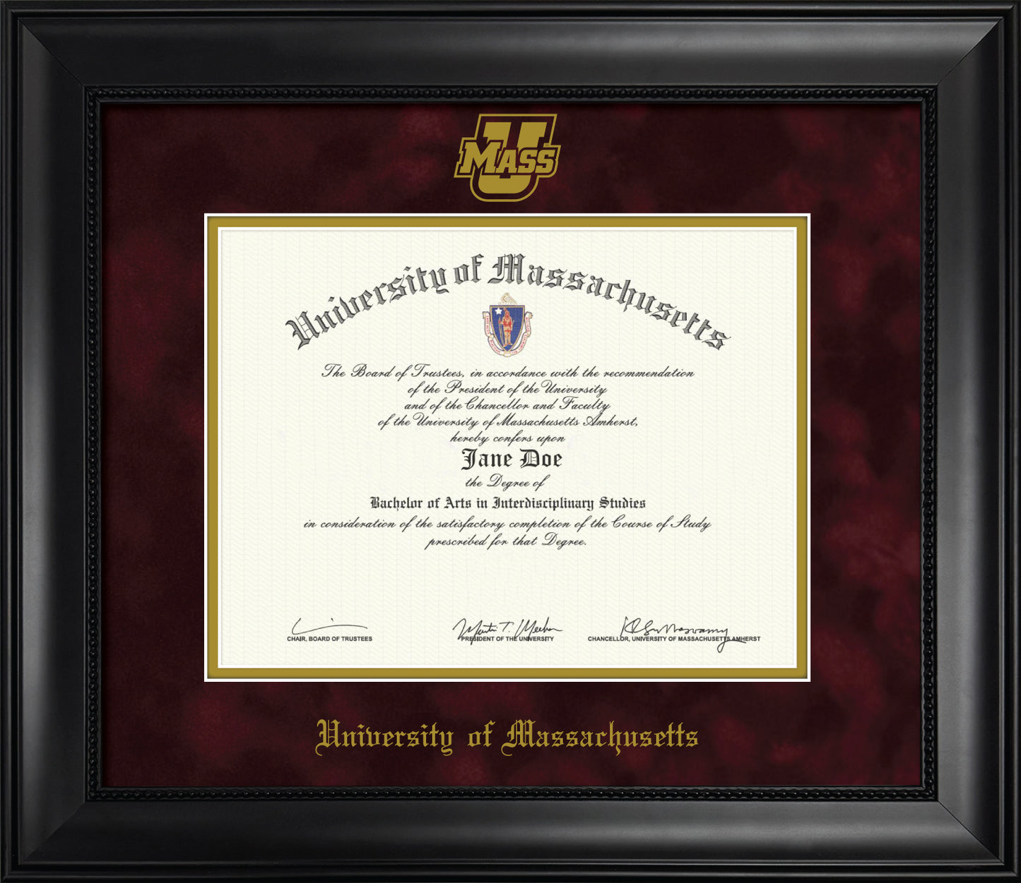 UMass Amherst Diploma Frame – Officially Licensed - Modern Matte Black Wood with Bead Frame - Maroon Suede Mat - UMass Power U Athletic Logo