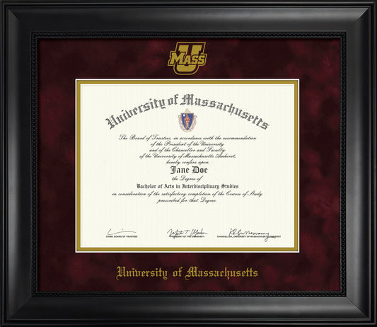 UMass Amherst Diploma Frame – Officially Licensed - Modern Matte Black Wood with Bead Frame - Maroon Suede Mat - UMass Power U Athletic Logo
