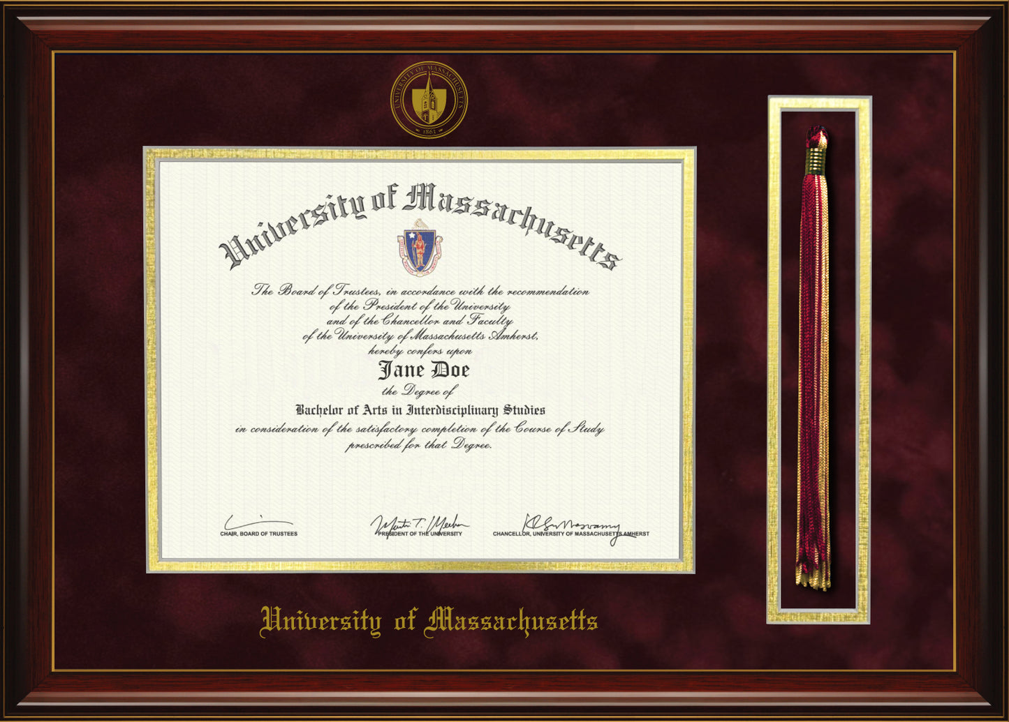 UMASS Diploma Frame with Tassel Holder - Officially Licensed - Glossy Mahogany Frame with Gold Accent Lines, Maroon Suede and Gold Mats, Embossed School Seal and Olde English Lettering