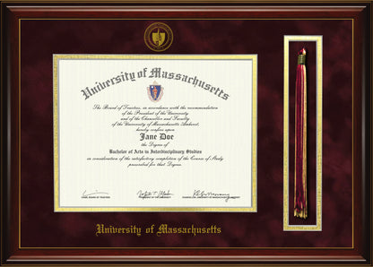 UMASS Diploma Frame with Tassel Holder - Officially Licensed - Glossy Mahogany Frame with Gold Accent Lines, Maroon Suede and Gold Mats, Embossed School Seal and Olde English Lettering