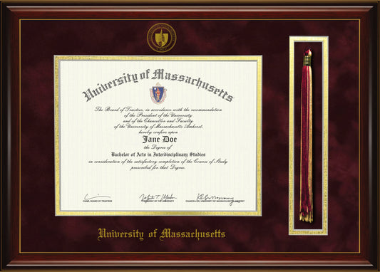 UMASS Diploma Frame with Tassel Holder - Officially Licensed - Glossy Mahogany Frame with Gold Accent Lines, Maroon Suede and Gold Mats, Embossed School Seal and Olde English Lettering