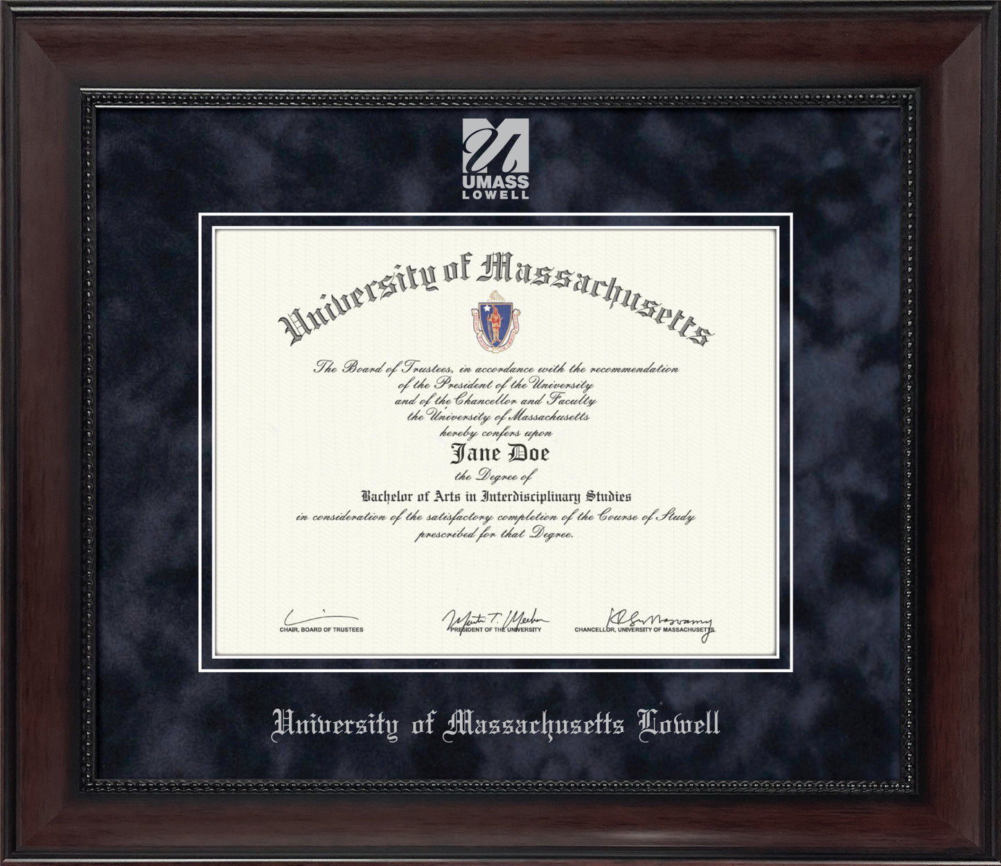 UMass Lowell Diploma Frame - Officially Licensed - Traditional mahogany wood satin finish with bead frame and Navy Suede Mat