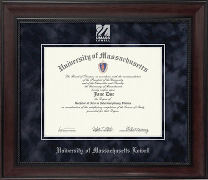UMass Lowell Diploma Frame - Officially Licensed - Traditional mahogany wood satin finish with bead frame and Navy Suede Mat