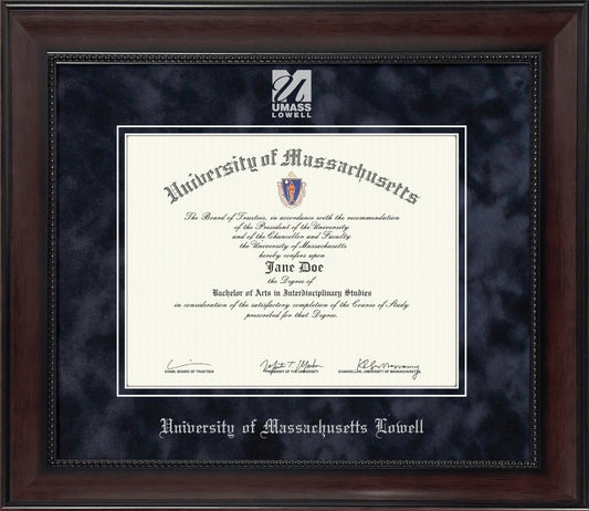 UMass Lowell Diploma Frame - Officially Licensed - Traditional mahogany wood satin finish with bead frame and Navy Suede Mat