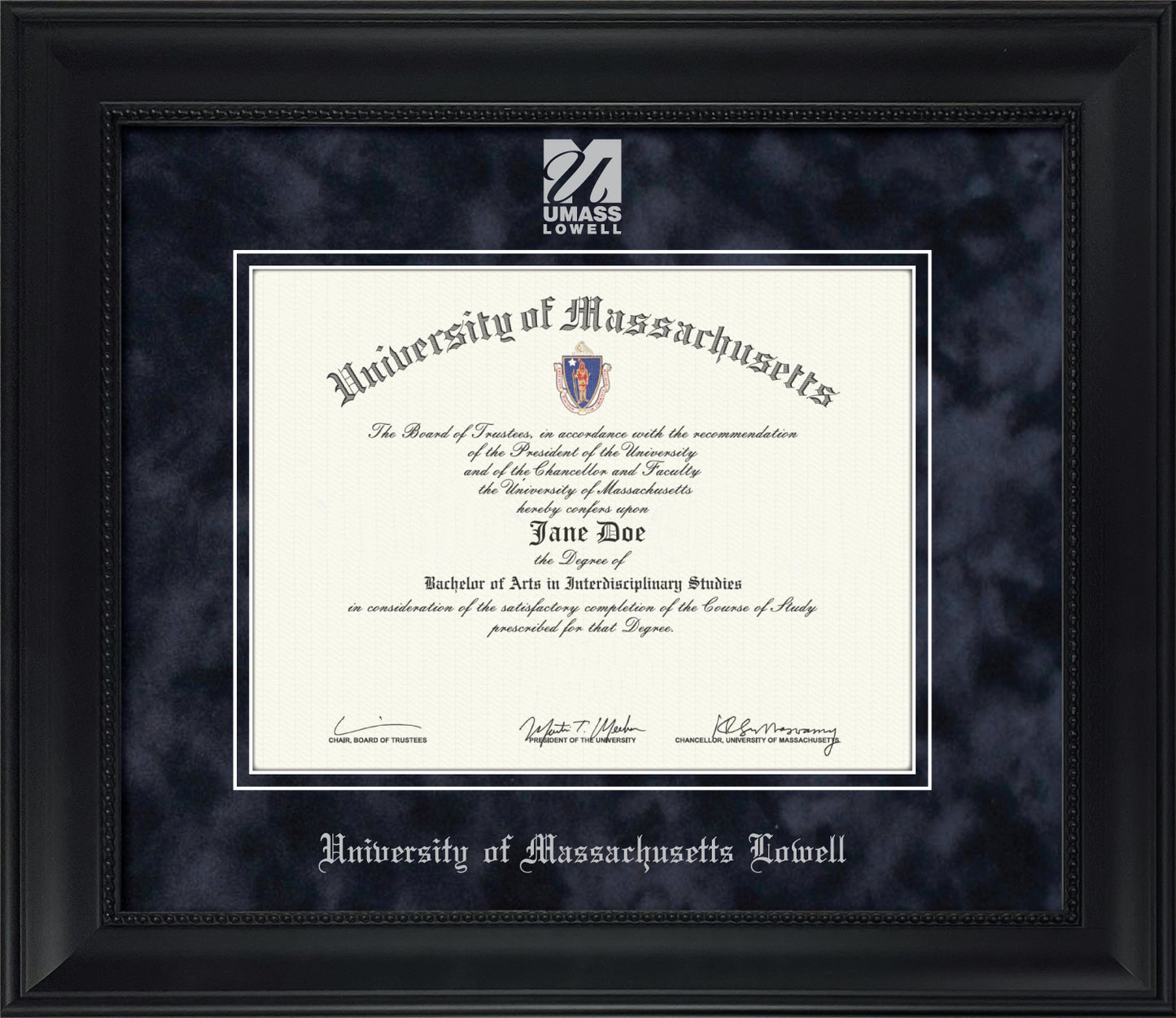 UMass Lowell Diploma Frame – Officially Licensed - Modern Matte Black Wood with Bead Frame and Navy Suede Mat