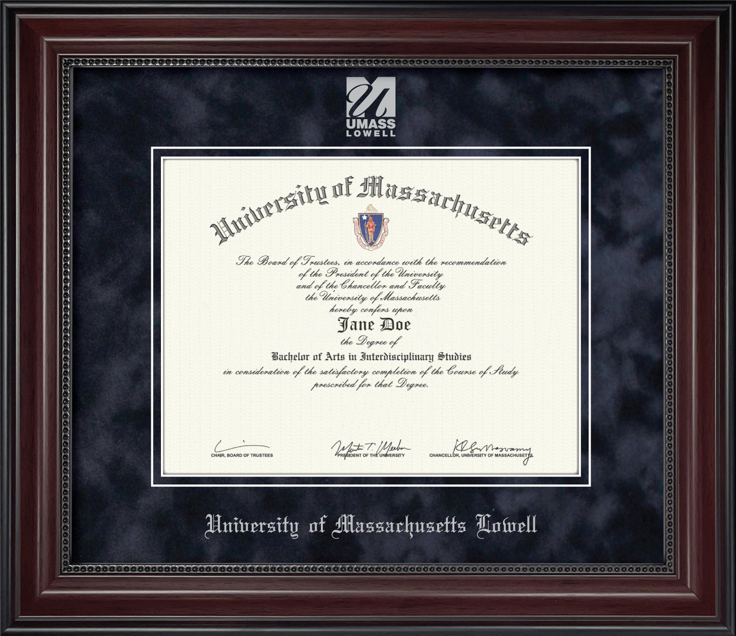 UMass Lowell Diploma Frame - Officially Licensed - Cherry Finish Wood With Bead Frame