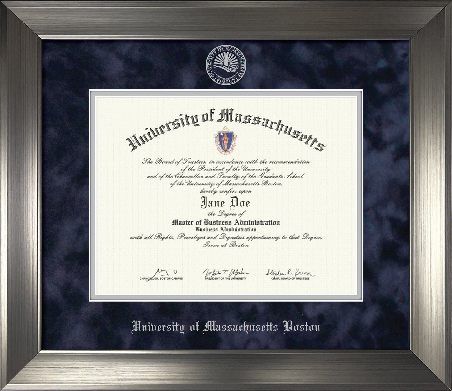 UMass Boston Diploma Frame - Officially Licensed - Modern Brushed Pewter, Eco-friendly Treehugger™ Frame with Navy Suede and Slver Mats