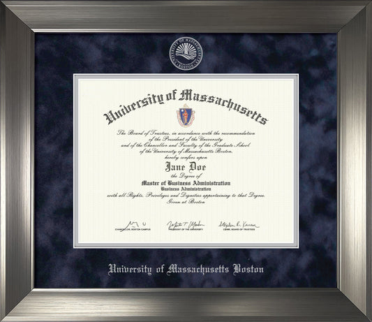 UMass Boston Diploma Frame - Officially Licensed - Modern Brushed Pewter, Eco-friendly Treehugger™ Frame with Navy Suede and Slver Mats