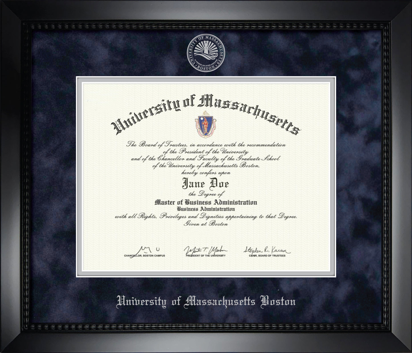 UMass Boston Diploma Frame - Officially Licensed - Matte Black Composite Frame With Navy Suede and Silver Mats