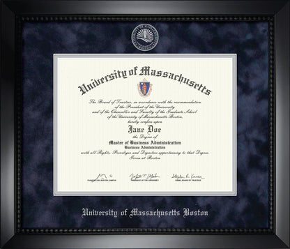 UMass Boston Diploma Frame - Officially Licensed - Matte Black Composite Frame With Navy Suede and Silver Mats