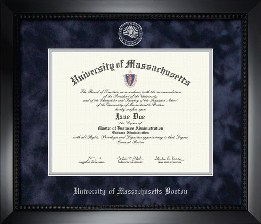 UMass Boston Diploma Frame - Officially Licensed - Matte Black Composite Frame With Navy Suede and Silver Mats