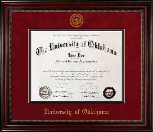 University of Oklahoma Diploma Frame - Cherry Finish Wood Frame with Bead Detail, Red Suede and Black Mats, Gold Embossed School Seal
