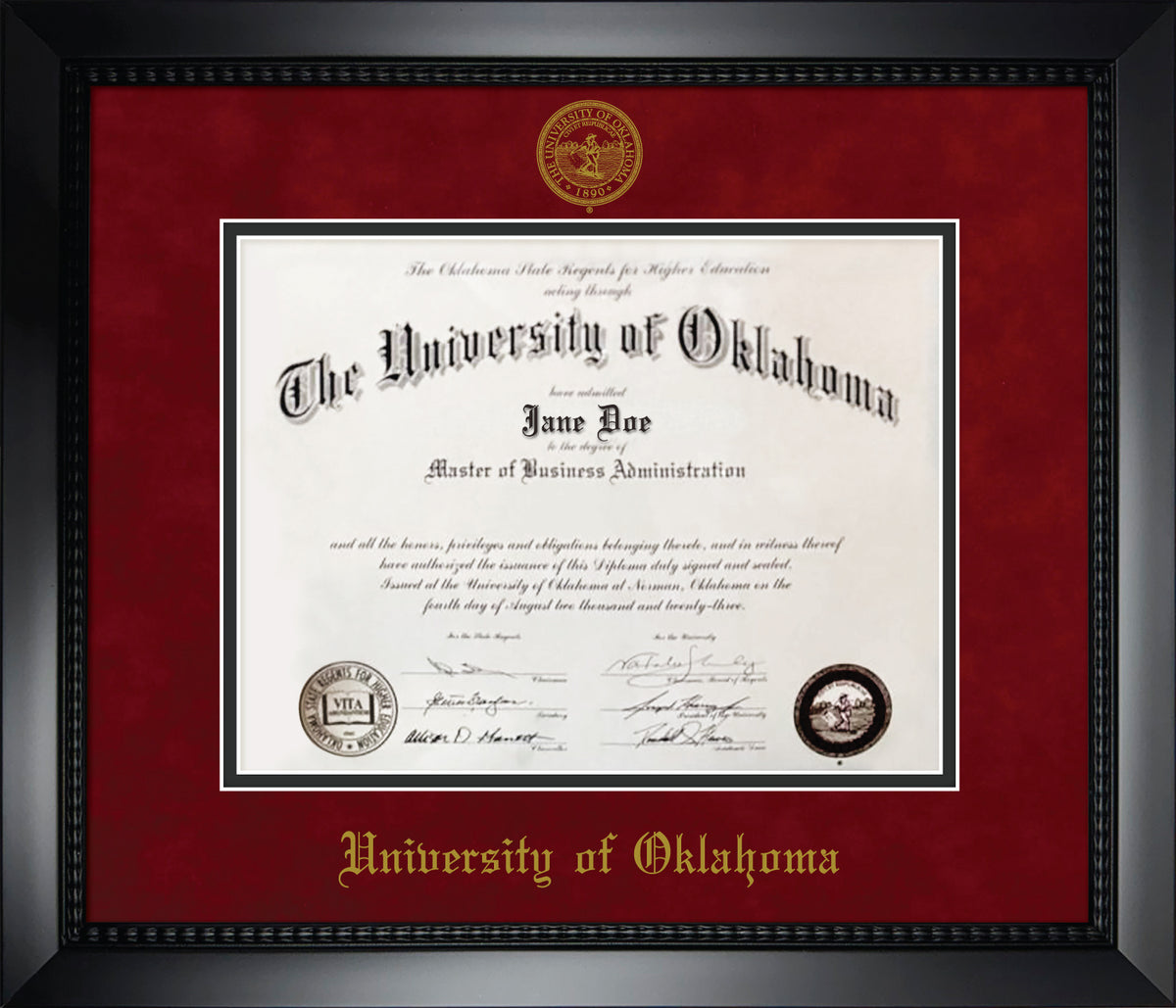 University of Oklahoma Diploma Frame - Matte Black Eco-Friendly Treehugger™ Frame, Red Suede and Black Mats, Gold Embossed School Seal
