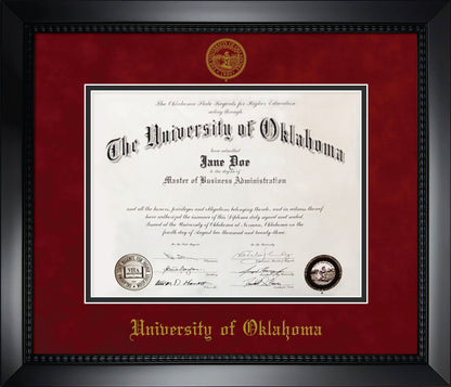 University of Oklahoma Diploma Frame - Matte Black Eco-Friendly Treehugger™ Frame, Red Suede and Black Mats, Gold Embossed School Seal