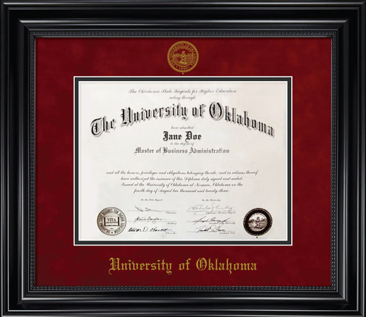 University of Oklahoma Diploma Frame - Black Wood Frame with Bead Detail, Red Suede and Black Mats, Gold Embossed School Seal