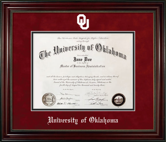 University of Oklahoma Diploma Frame - Cherry Finish Wood Frame with Bead Detail, Red Suede and Black Mats, White Embossed Athletic Logo