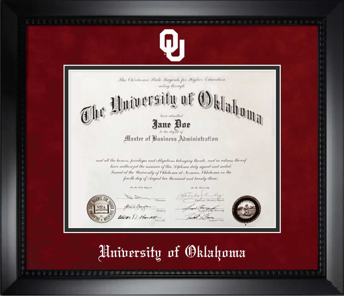 University of Oklahoma Diploma Frame - Matte Black Eco-Friendly Treehugger™ Frame, Red Suede and Black Mats, White Embossed School Seal