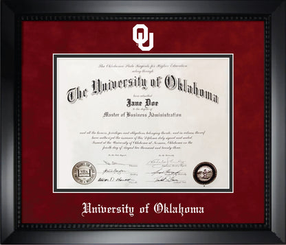 University of Oklahoma Diploma Frame - Matte Black Eco-Friendly Treehugger™ Frame, Red Suede and Black Mats, White Embossed School Seal