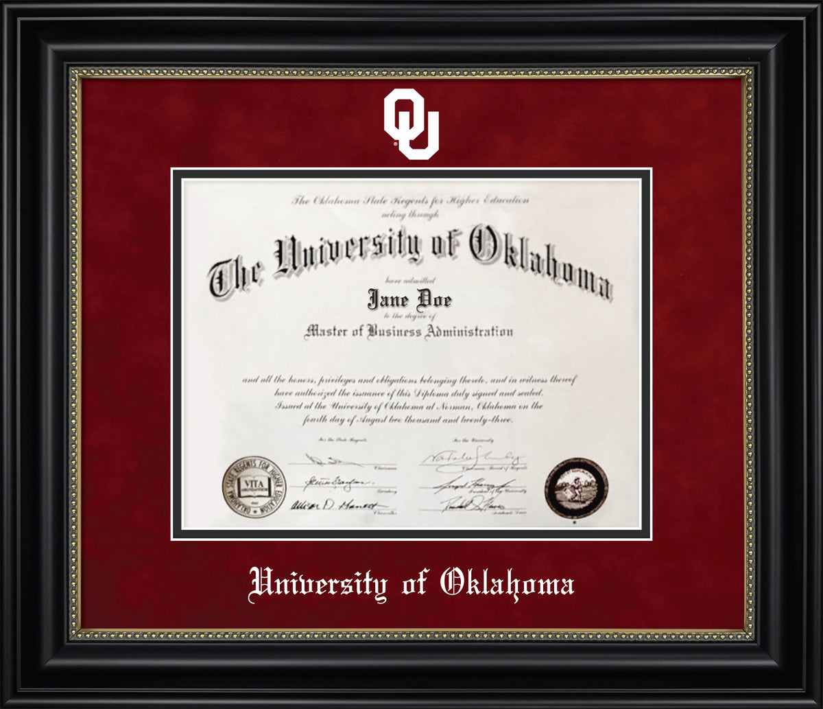 University of Oklahoma Diploma Frame - Black Wood Frame with Gold Bead Detail, Red Suede and Black Mats, White Embossed athletic logo