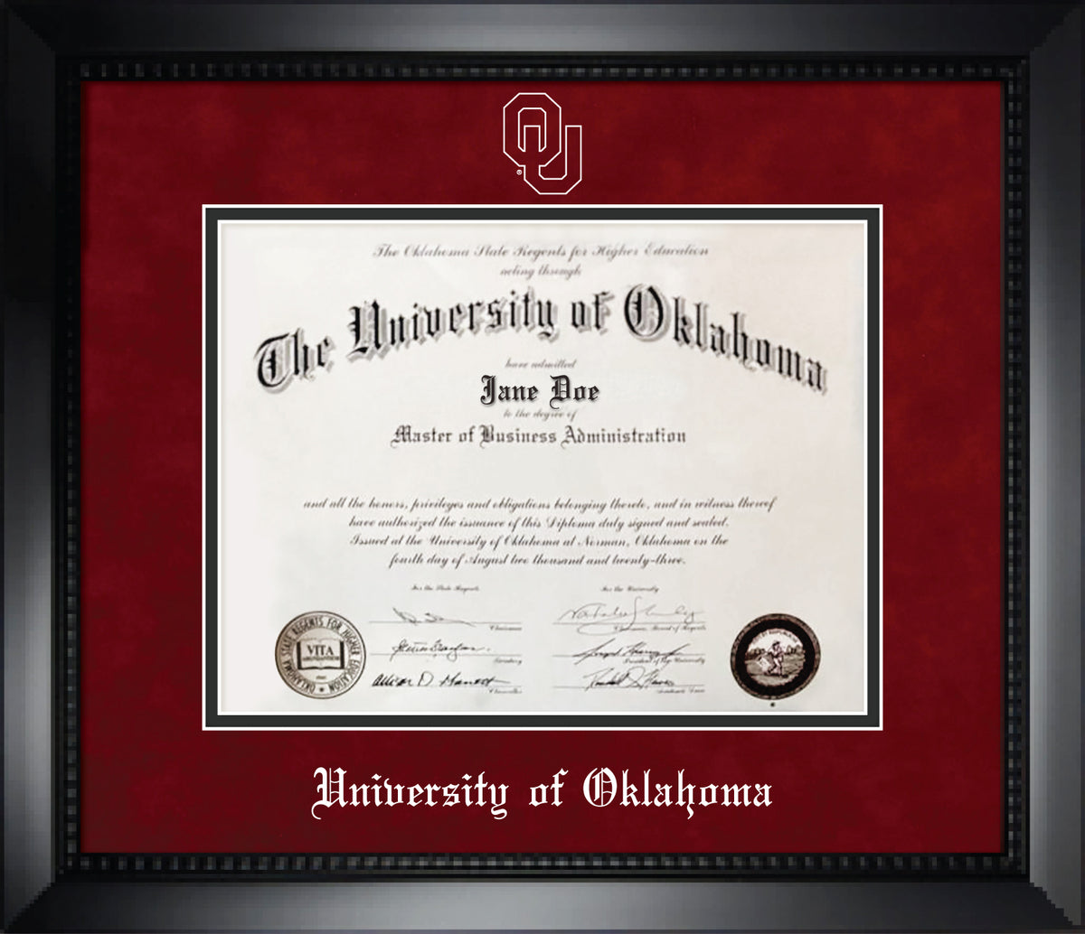 University of Oklahoma Diploma Frame - Matte Black Eco-Friendly Treehugger™ Frame, Red Suede and Black Mats, White Embossed “OU” logo