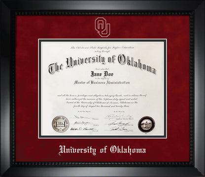 University of Oklahoma Diploma Frame - Matte Black Eco-Friendly Treehugger™ Frame, Red Suede and Black Mats, White Embossed “OU” logo