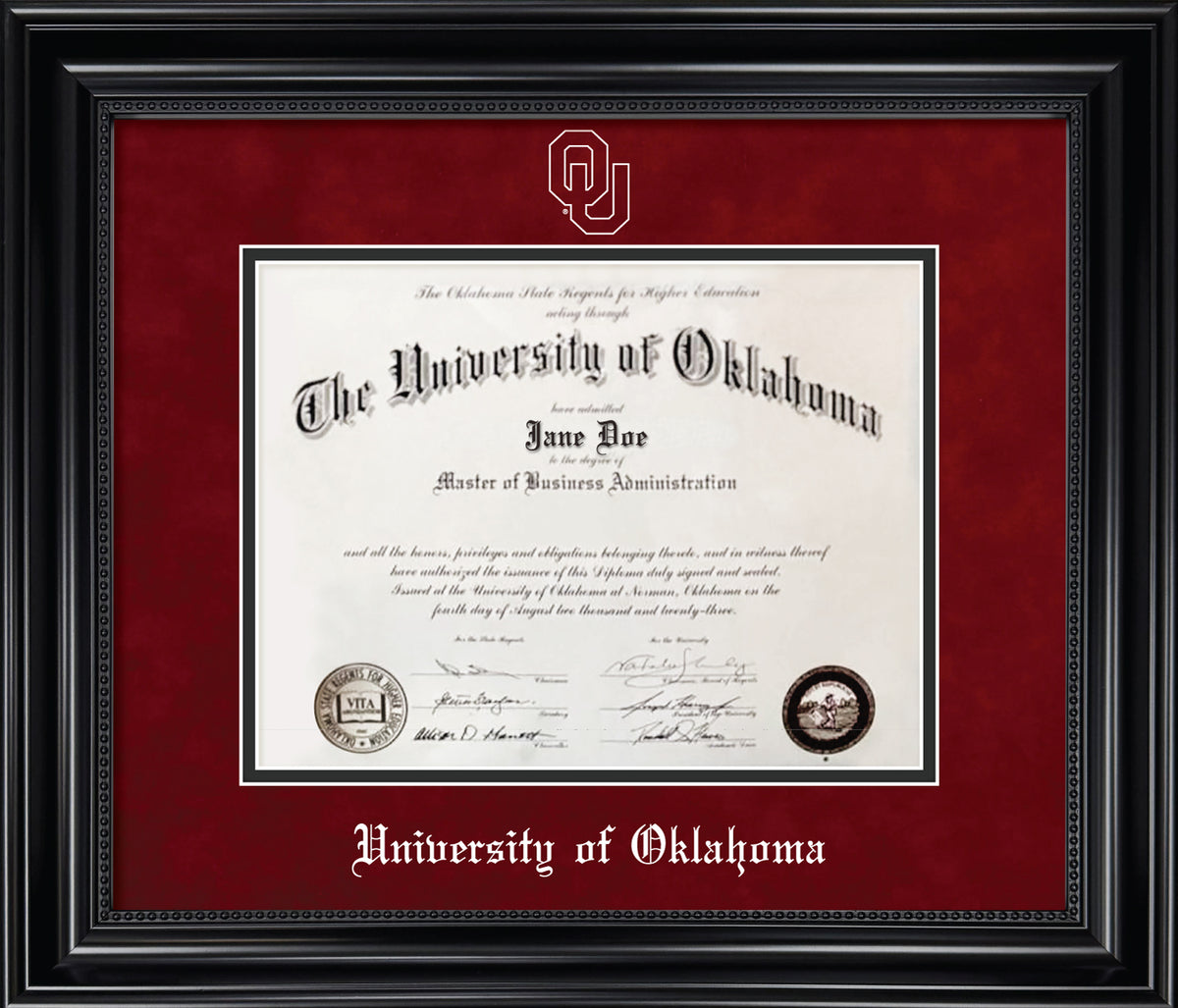 University of Oklahoma Diploma Frame - Black Wood Frame with Bead Detail, Red Suede and Black Mats, White Embossed “OU” Outline Logo