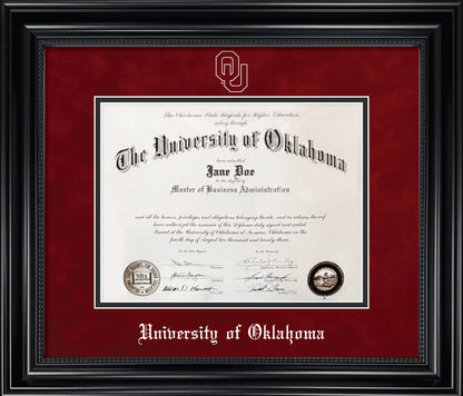 University of Oklahoma Diploma Frame - Black Wood Frame with Bead Detail, Red Suede and Black Mats, White Embossed “OU” Outline Logo