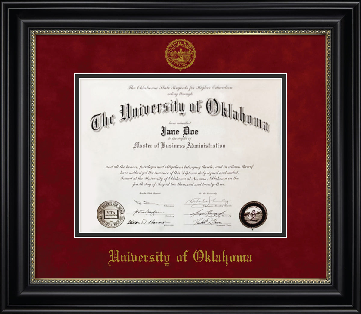 University of Oklahoma Diploma - Black Wood Frame with Gold Bead Detail, Red Suede and Black Mats, Gold Embossed “OU” School Seal