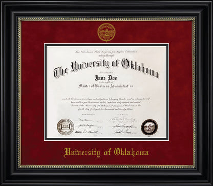 University of Oklahoma Diploma - Black Wood Frame with Gold Bead Detail, Red Suede and Black Mats, Gold Embossed “OU” School Seal