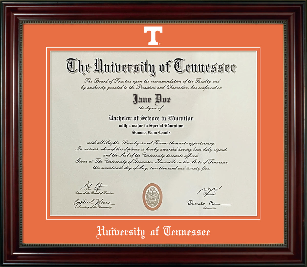 University of Tennessee Diploma Frame - Cherry Finish Wood Frame with Bead Detail, Tangerine Suede Mats, White Embossed Athletic “T” Logo